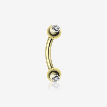 Gold Plated Double Gem Ball Curved Barbell Eyebrow Ring-Clear Gem